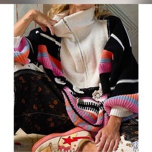 POL Color Block Chenille Sweater - Black, White, Pink